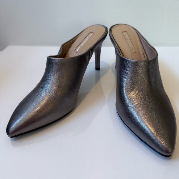 ANTONIO MELANI Leather Pointed Toe Mule Heels Metallic Pewter Size 7.5 - Picture 5 of 12
